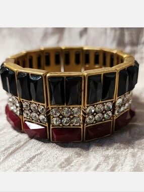 J. Crew Baguette Acrylic Black Merlot Rhinestone Stretch Bracelet Oxidized Brass